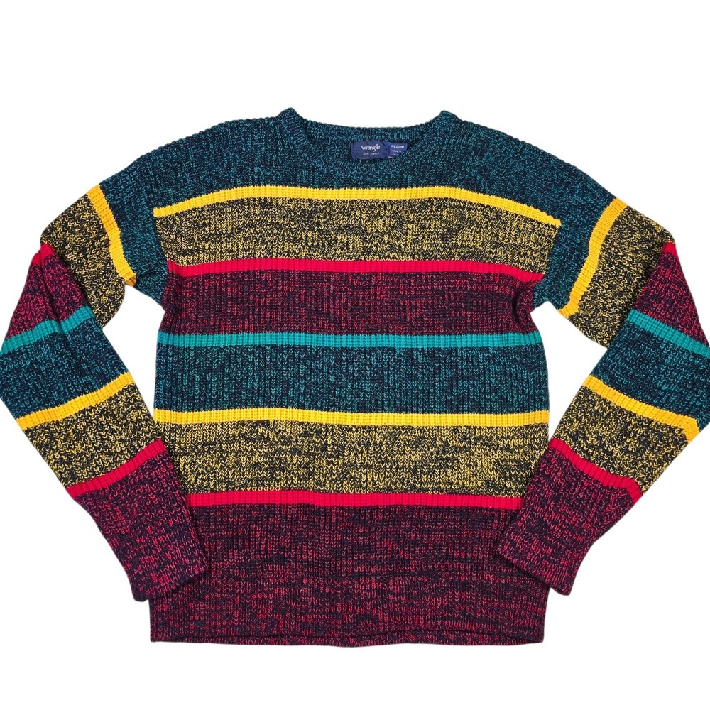 Vintage Wrangler Green/Red/Yel Sweater Stripe 80s Retro Striped Cozy, Men's Sz M